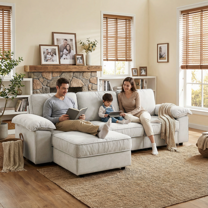 Modern L-shaped sectional sofa with ottoman in light gray fabric by HouseOfZazla, 105.5 Inch on Tampa Home & Garden Store