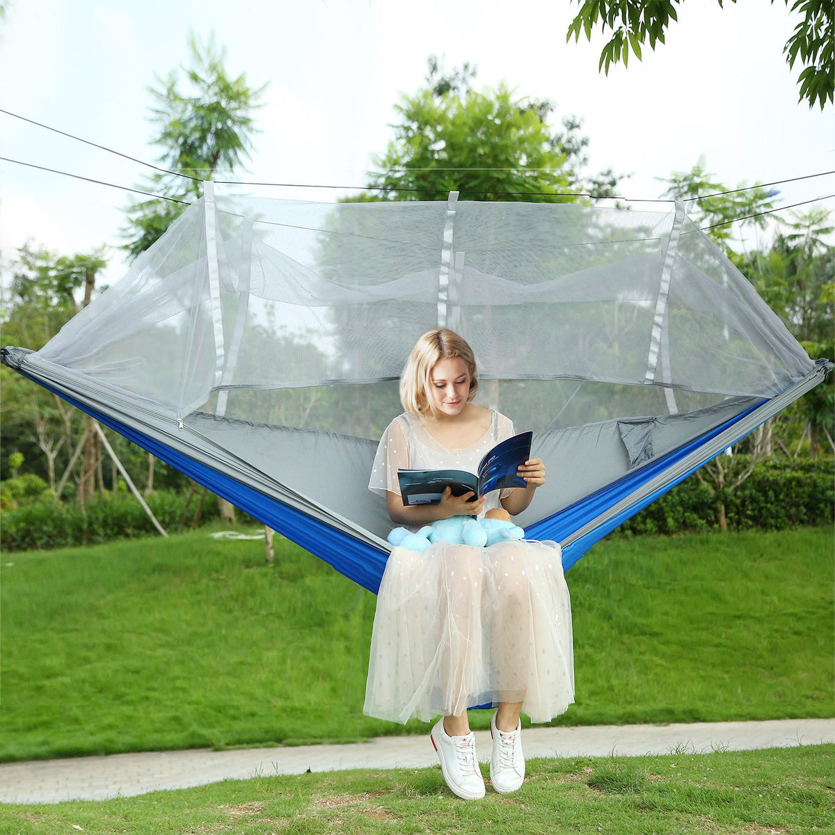 GemGear two-person hammock with mosquito net, blue/gray nylon, carry bag on Tampa Home & Garden Store