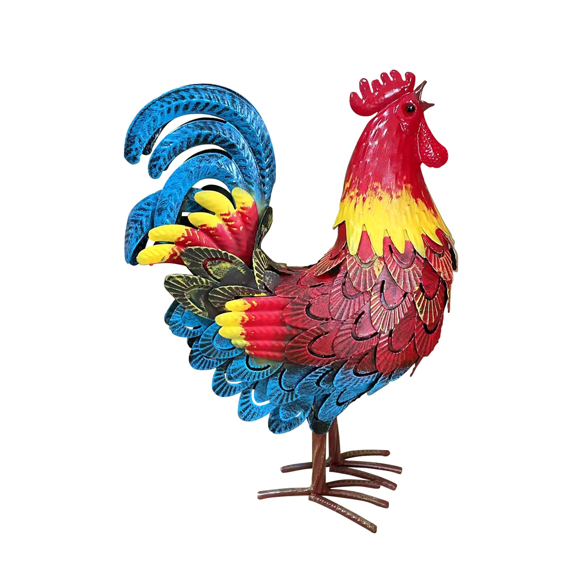 Pair of colorful wrought-iron rooster garden statues in blue and red-yellow hues HouseOfZazla on Tampa Home & Garden Store
