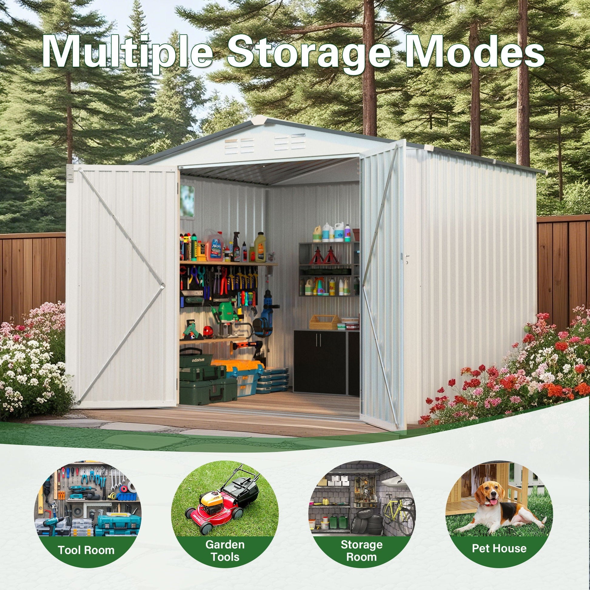 Garden Tool Shed metal storage shed with peaked roof and lockable door, interior tool shelves on Tampa Home & Garden Store