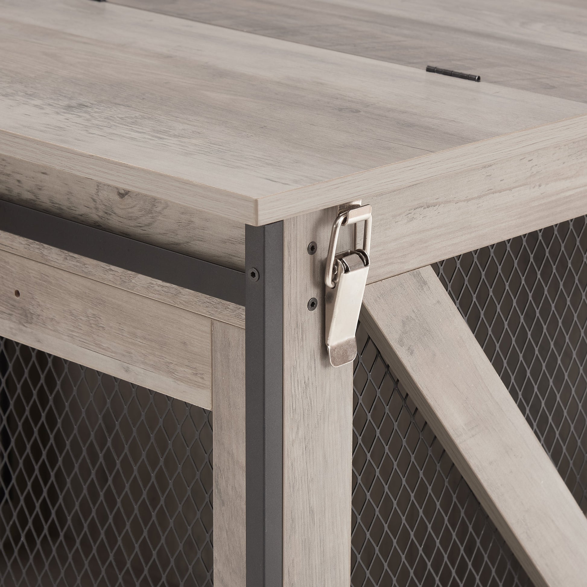 Farmhouse dog crate by HouseOfZazla with sliding barn door, gray-washed wood, metal frame on Tampa Home & Garden Store