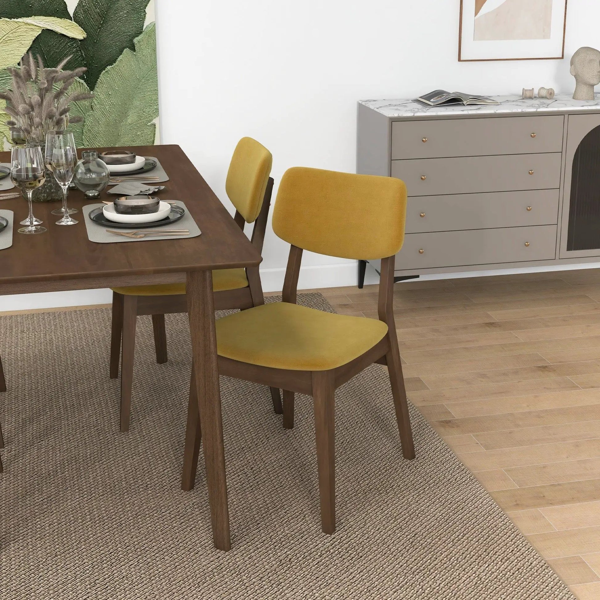 Carlos solid-back dining chairs, set of 2, mustard-yellow upholstery, dark wood legs on Tampa Home & Garden Store