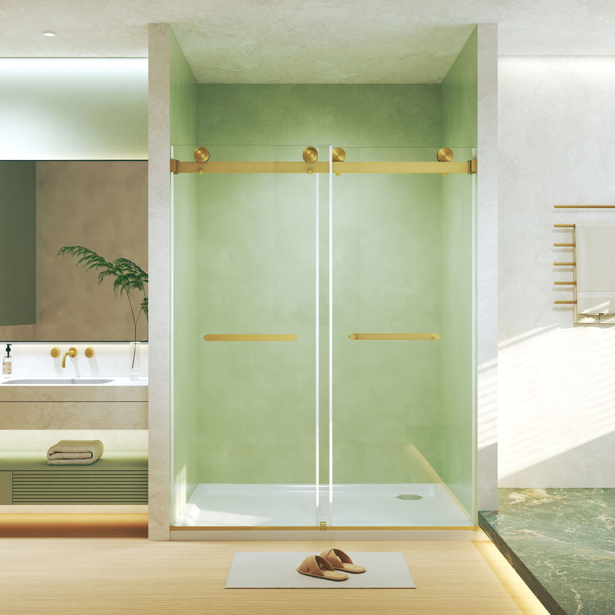 Frameless double sliding shower door with tempered glass and gold hardware by HouseOfZazla on Tampa Home & Garden Store