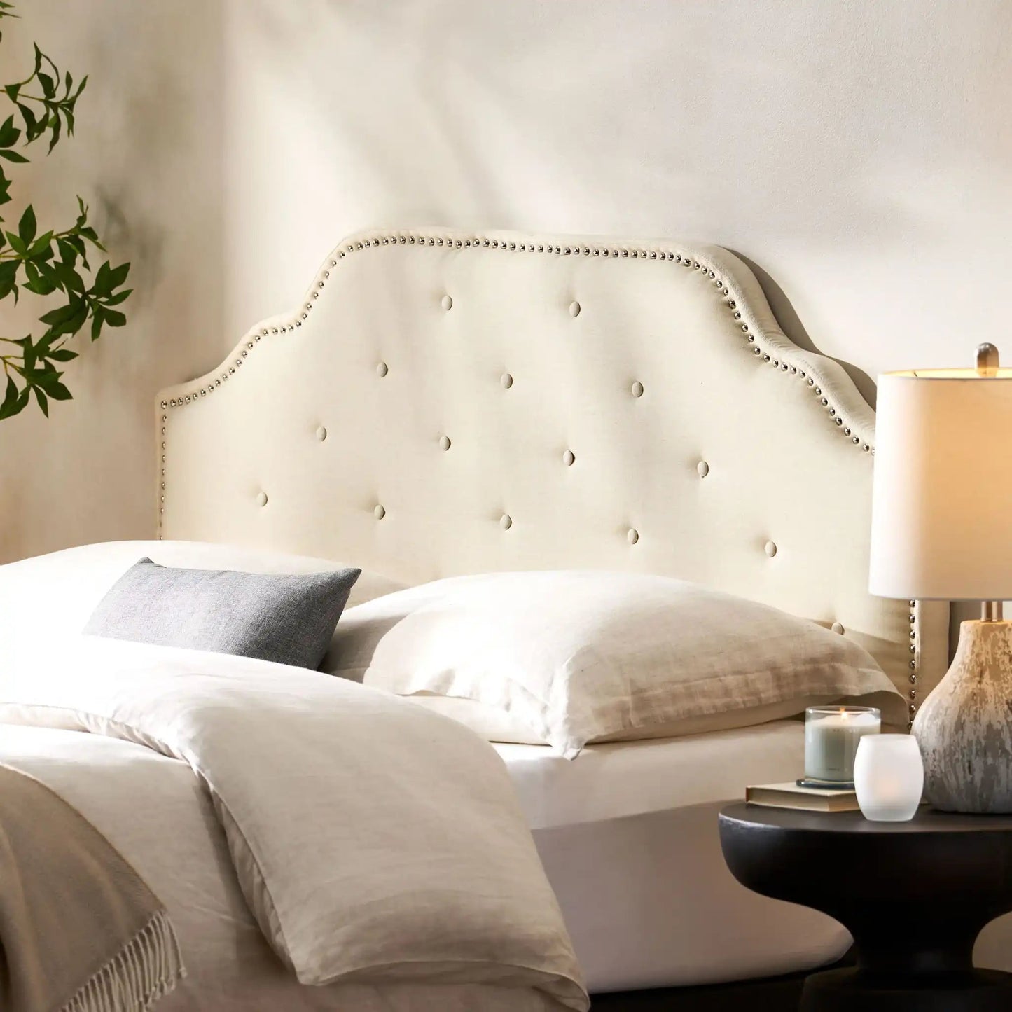 Luella Button Tufted Upholstered Headboard cream fabric with nailhead trim by HouseOfZazla on Tampa Home & Garden Store