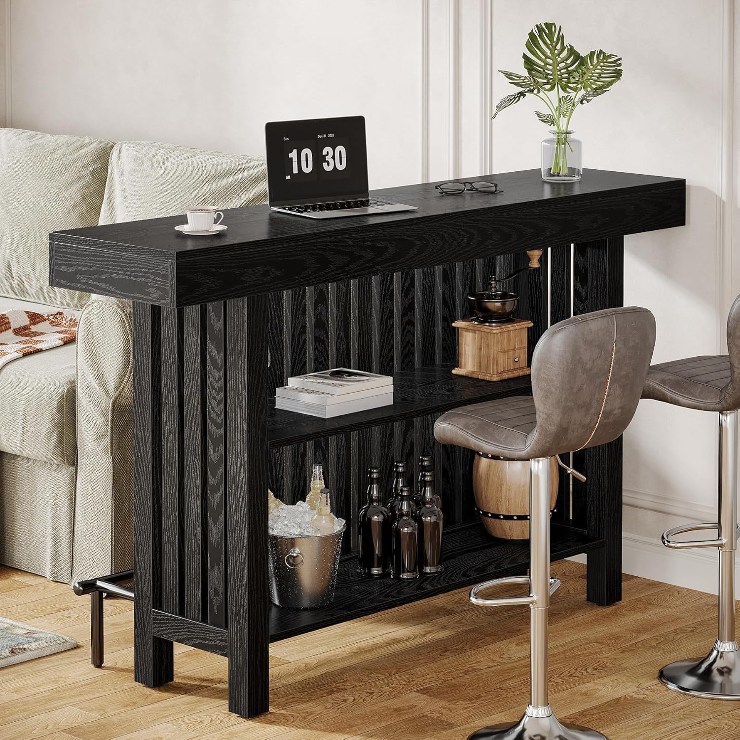 2 Tier Mini Bar Table Black with slatted base by HouseOfZazla in a modern home bar setup on Tampa Home & Garden Store