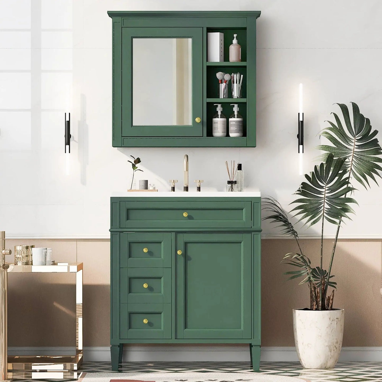 Bathroom vanity in green with medicine cabinet, mirror door, and 4 drawers on Tampa Home & Garden Store
