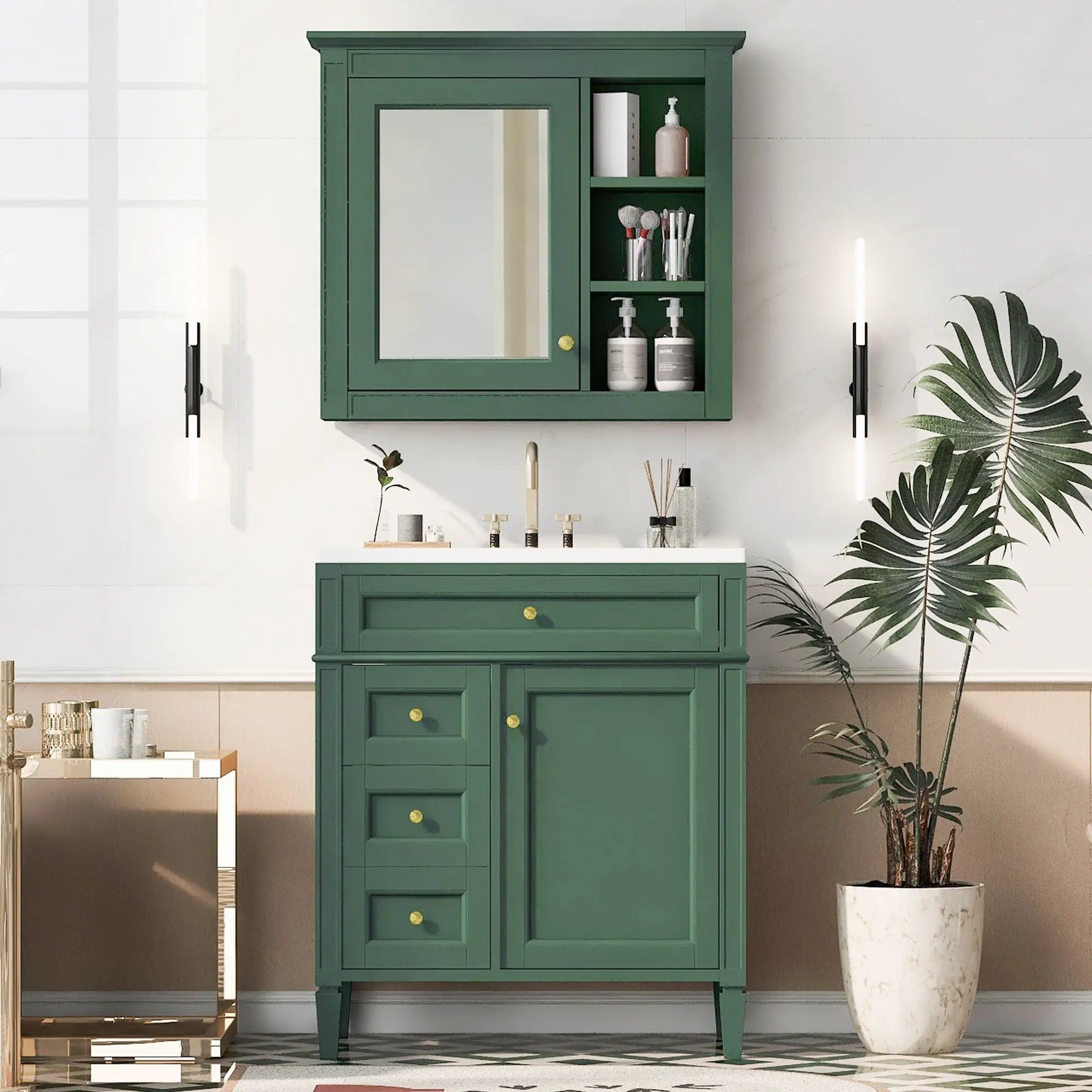 Bathroom vanity in green with medicine cabinet, mirror door, and 4 drawers on Tampa Home & Garden Store