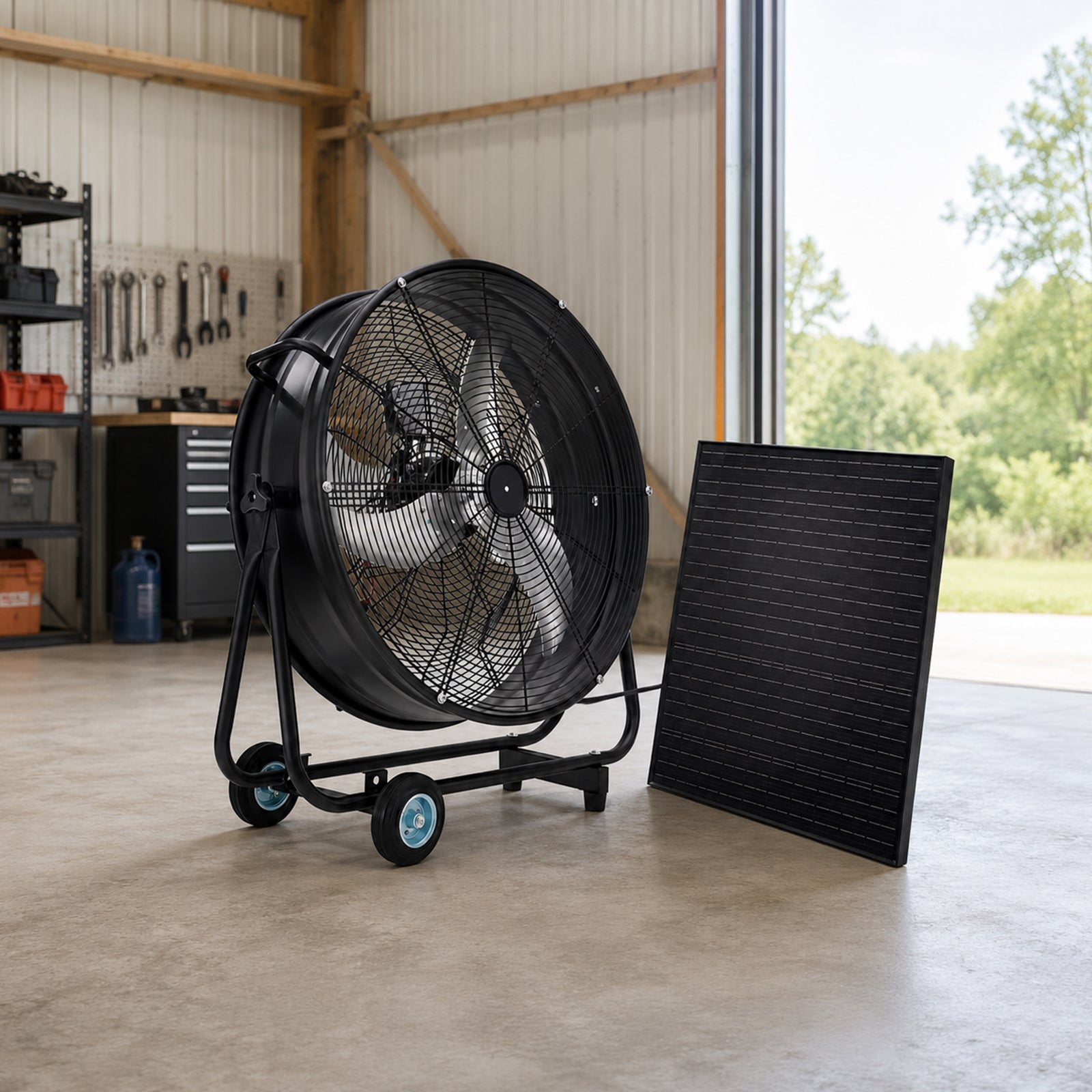 30in wheeled solar fan with 140W monocrystalline solar panel, black metal frame on Tampa Home & Garden Store