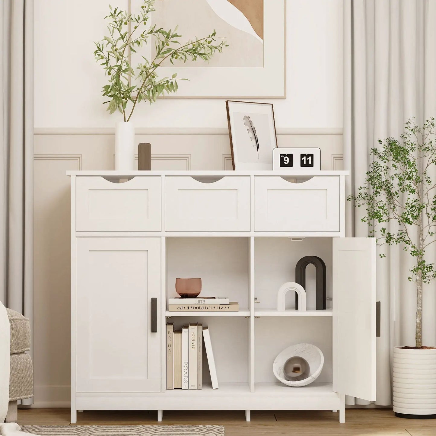 Sideboard storage cabinet in white wood with drawers and open shelves, accent storage furniture on Tampa Home & Garden Store