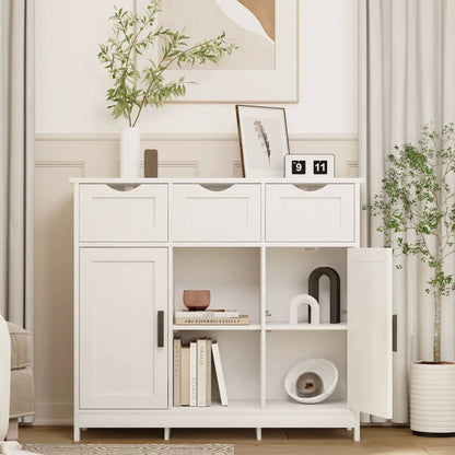 Sideboard storage cabinet in white wood with drawers and open shelves, accent storage furniture on Tampa Home & Garden Store
