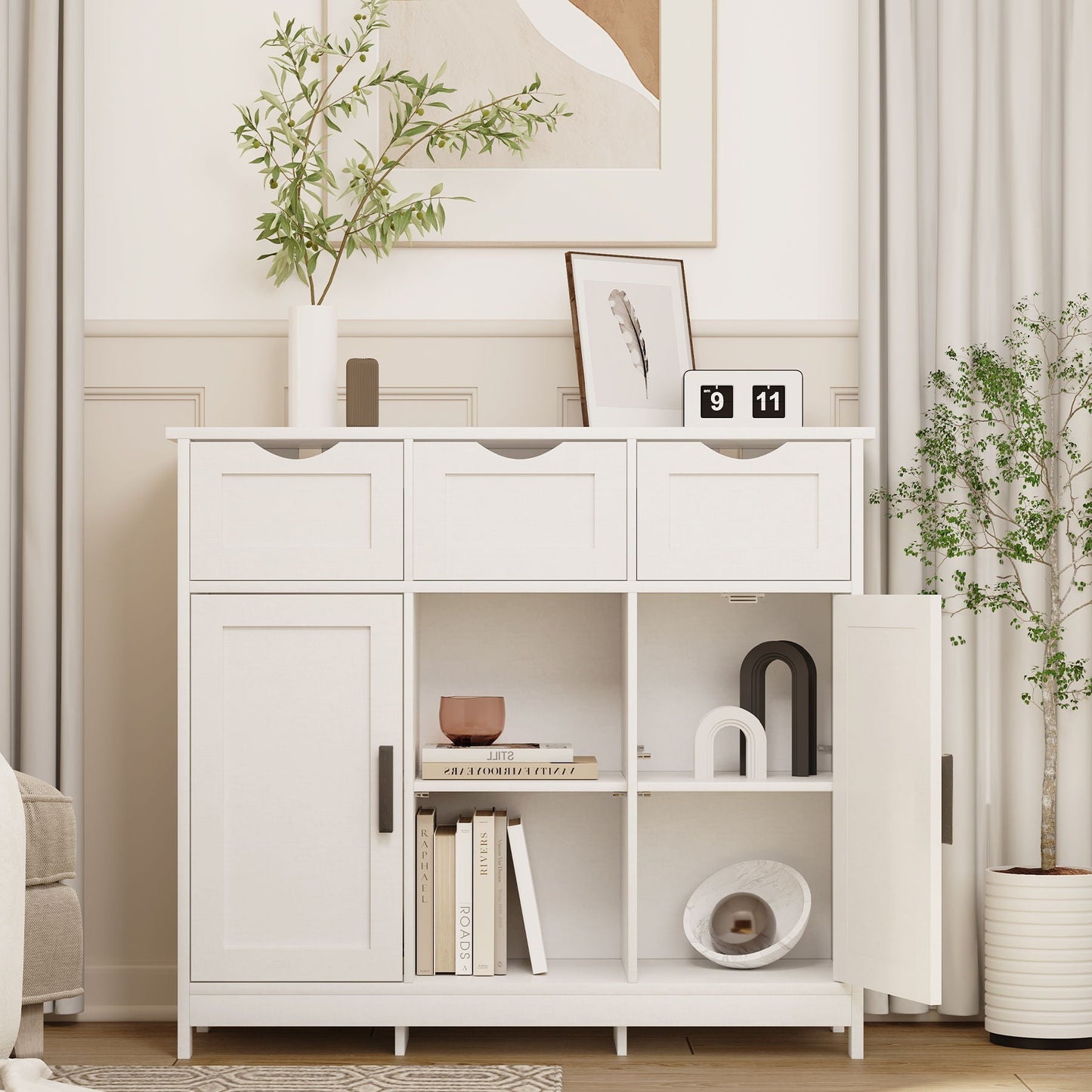 Wooden Storage Cabinet With Drawers And Shelves