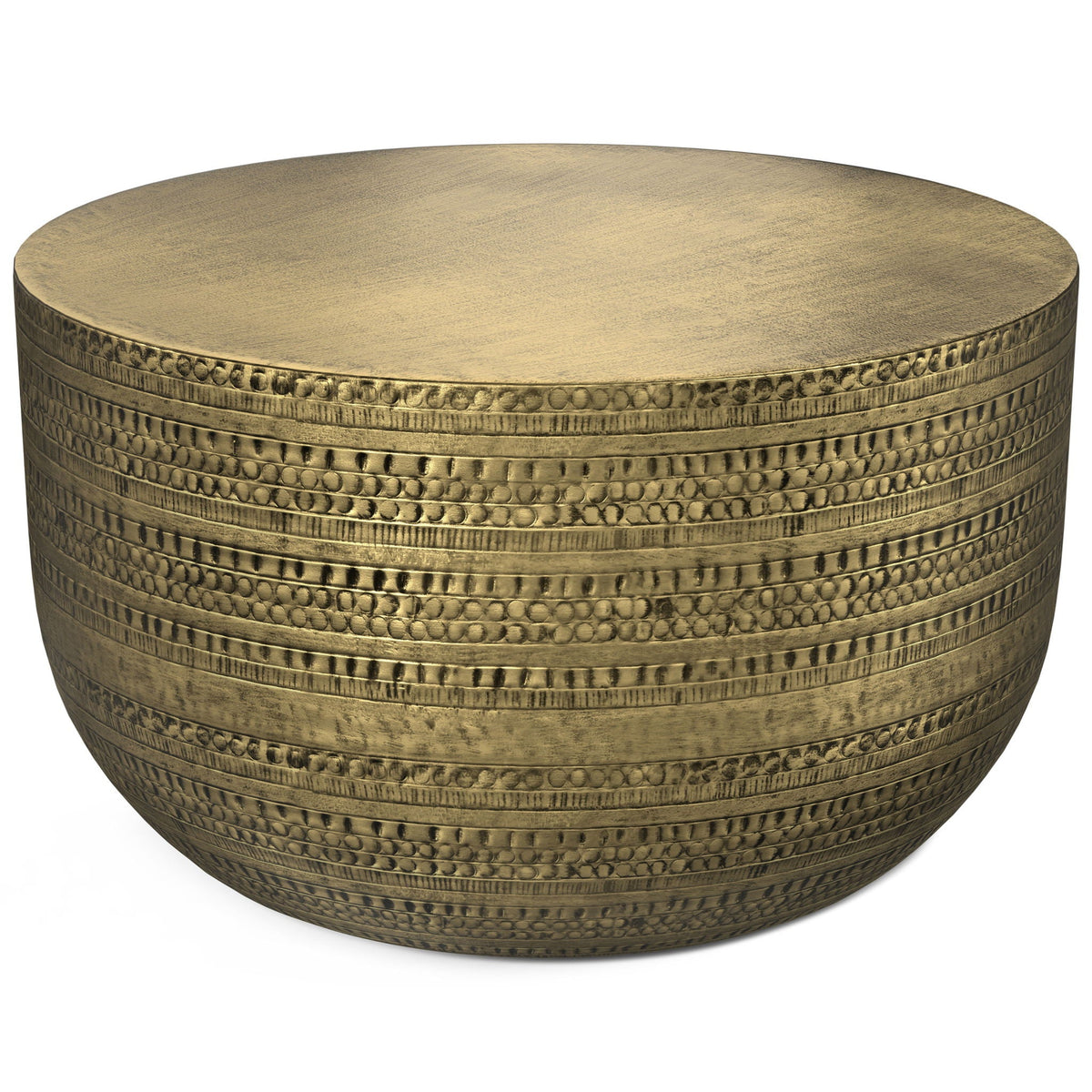 Handcrafted metal coffee table with textured detailing, round gold/brass finish, HouseOfZazla on Tampa Home & Garden Store