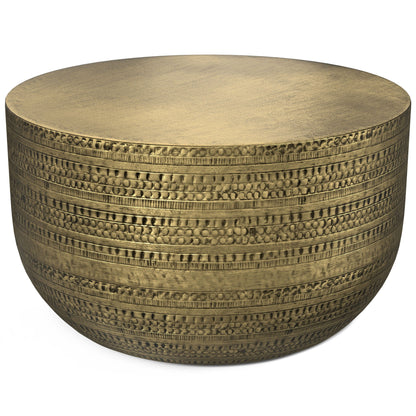 Handcrafted metal coffee table with textured detailing, round gold/brass finish, HouseOfZazla on Tampa Home & Garden Store