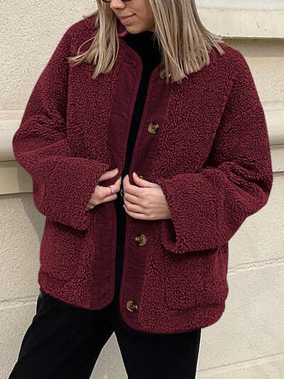 Sherpa jacket burgundy by Stevvex with pockets and wooden buttons for fall and winter on Tampa Home & Garden Store
