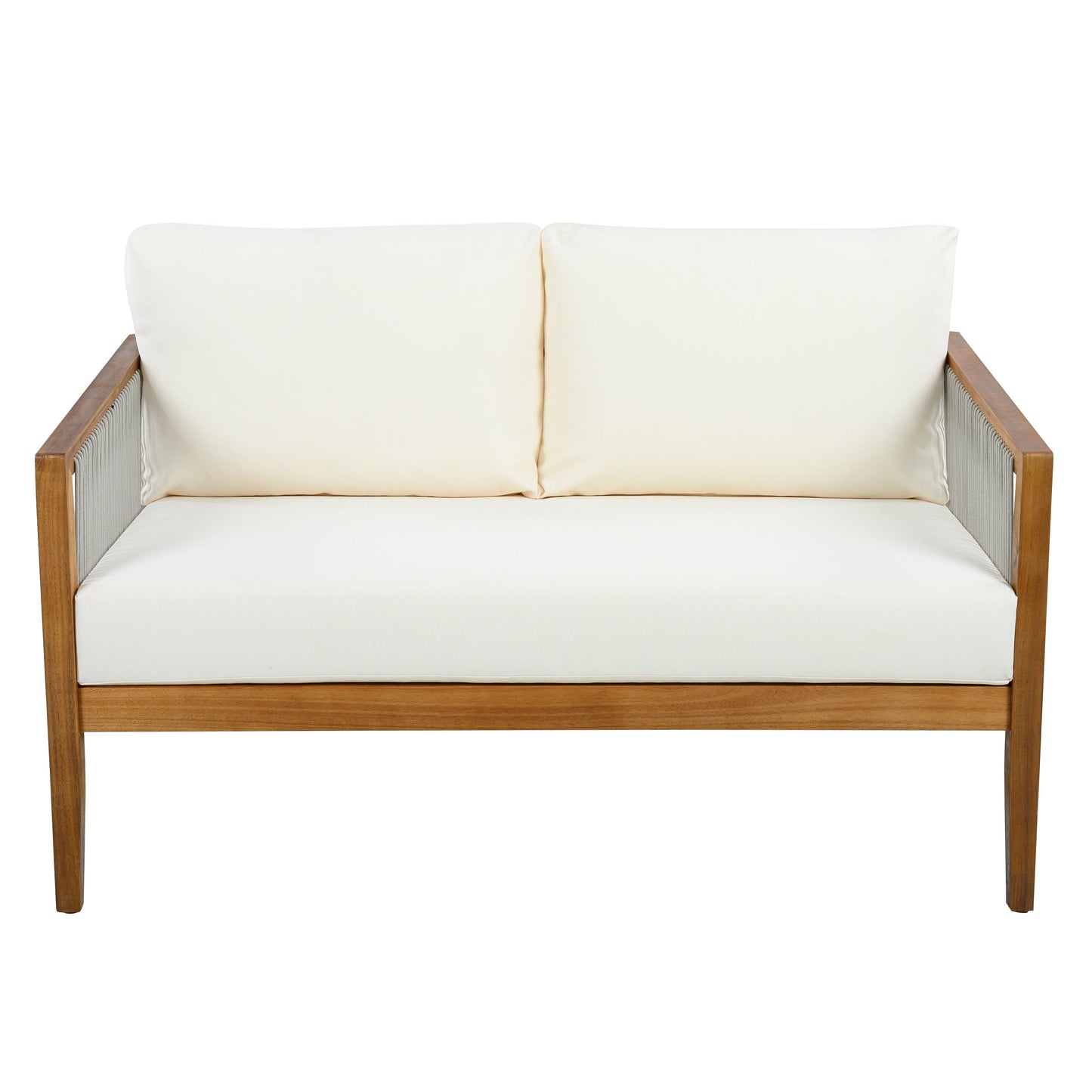 Outdoor 4-Piece Sofa Set with acacia wood frame, rope-detail sides, cream cushions on Tampa Home & Garden Store