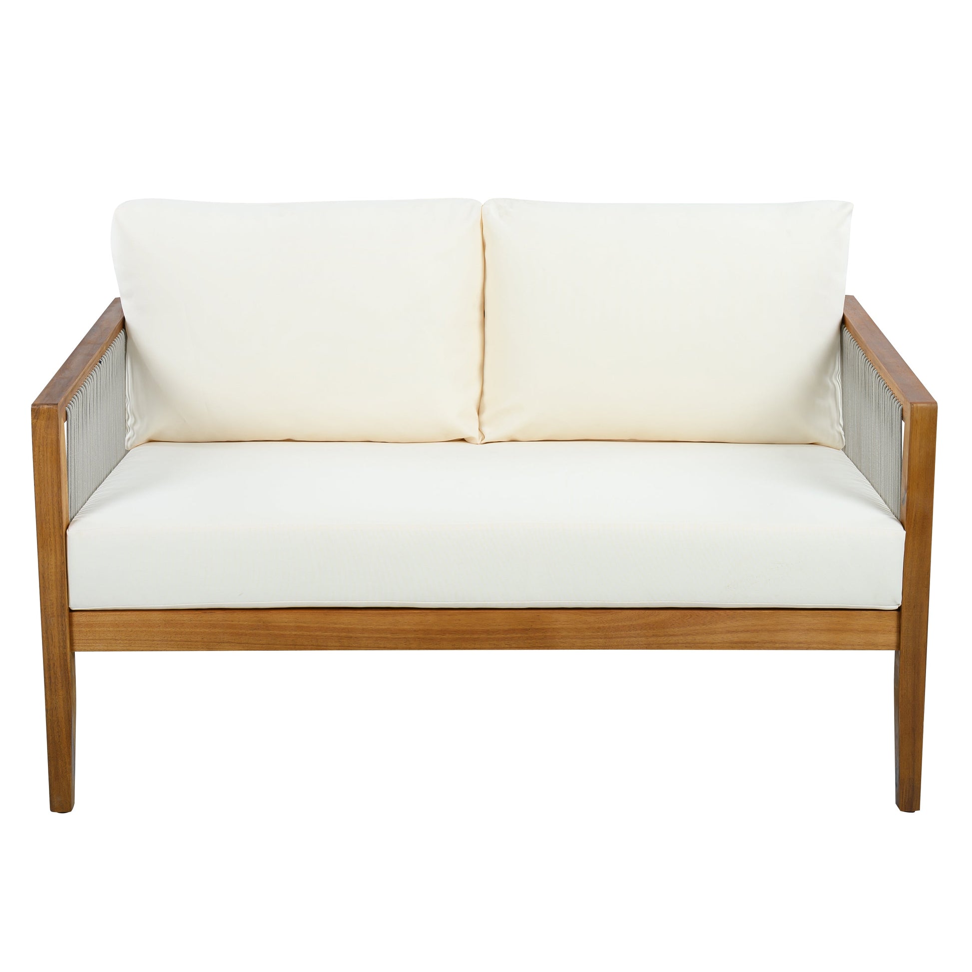 Outdoor 4-Piece Sofa Set with acacia wood frame, rope-detail sides, cream cushions on Tampa Home & Garden Store
