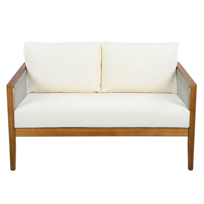 Outdoor 4-Piece Sofa Set with acacia wood frame, rope-detail sides, cream cushions on Tampa Home & Garden Store