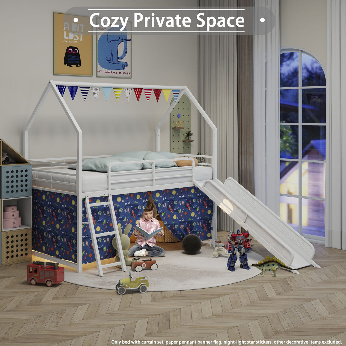 Jack loft bed with slide and curtain set, white frame, under-bed play area with blue wallpaper on Tampa Home & Garden Store