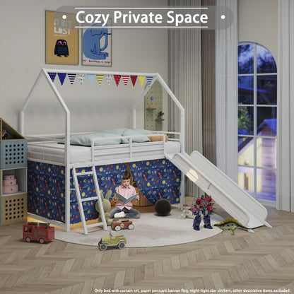 Jack loft bed with slide and curtain set, white frame, under-bed play area with blue wallpaper on Tampa Home & Garden Store