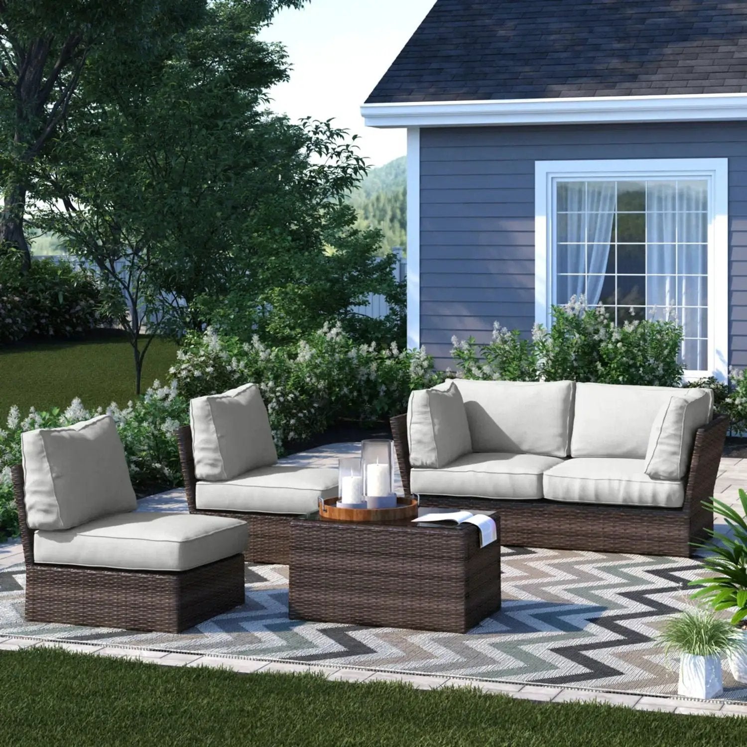 Comfortable Patio Rattan Sectional Set With Cushions, beige cushions, dark wicker on Tampa Home & Garden Store