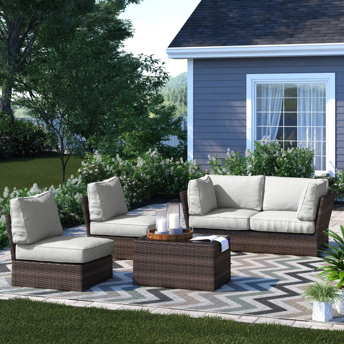 HouseOfZazla 2 piece outdoor rattan sectional set with beige cushions and dark brown wicker on Tampa Home & Garden Store