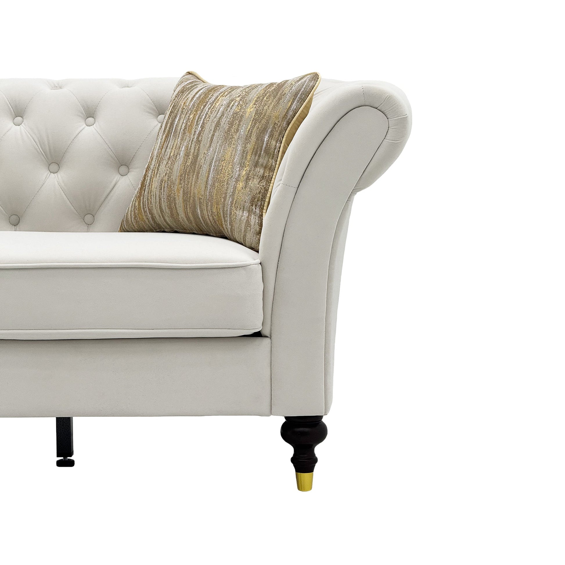 88.5 inch Chesterfield Sofa in ivory tufted fabric with gold decorative pillow by HouseOfZazla on Tampa Home & Garden Store