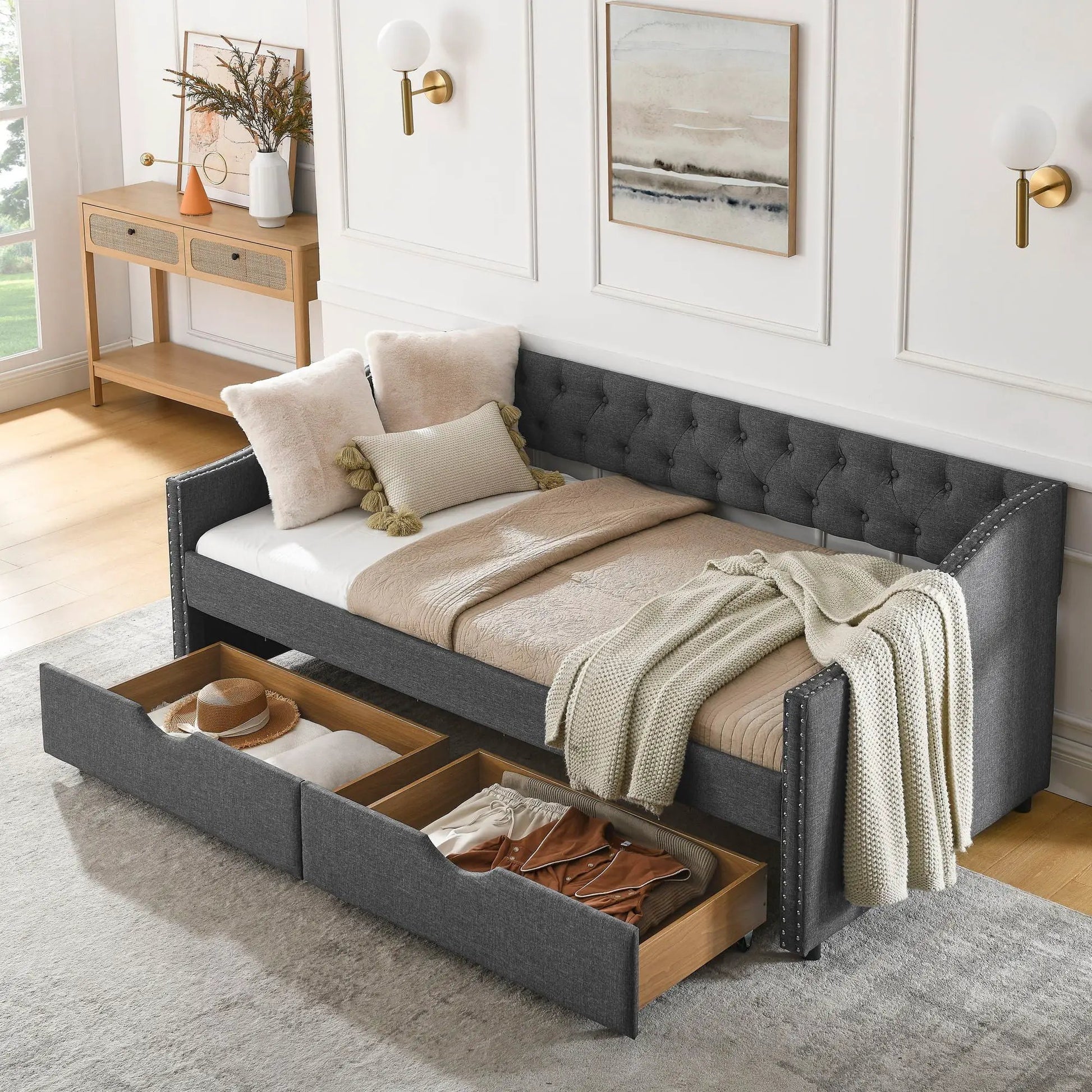 Upholstered tufted daybed with 2 drawers in dark gray fabric, waved arms Unique Piece Furniture on Tampa Home & Garden Store