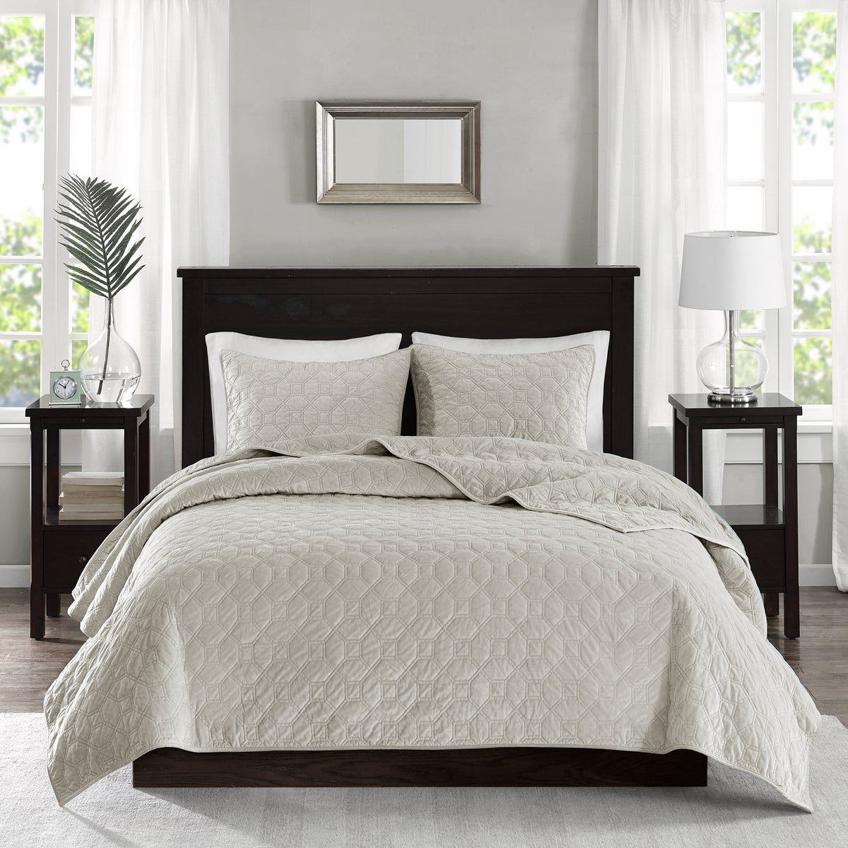 Ivory velvet quilt set with hex pattern on dark wood bed, king/cal king size, HouseOfZazla on Tampa Home & Garden Store
