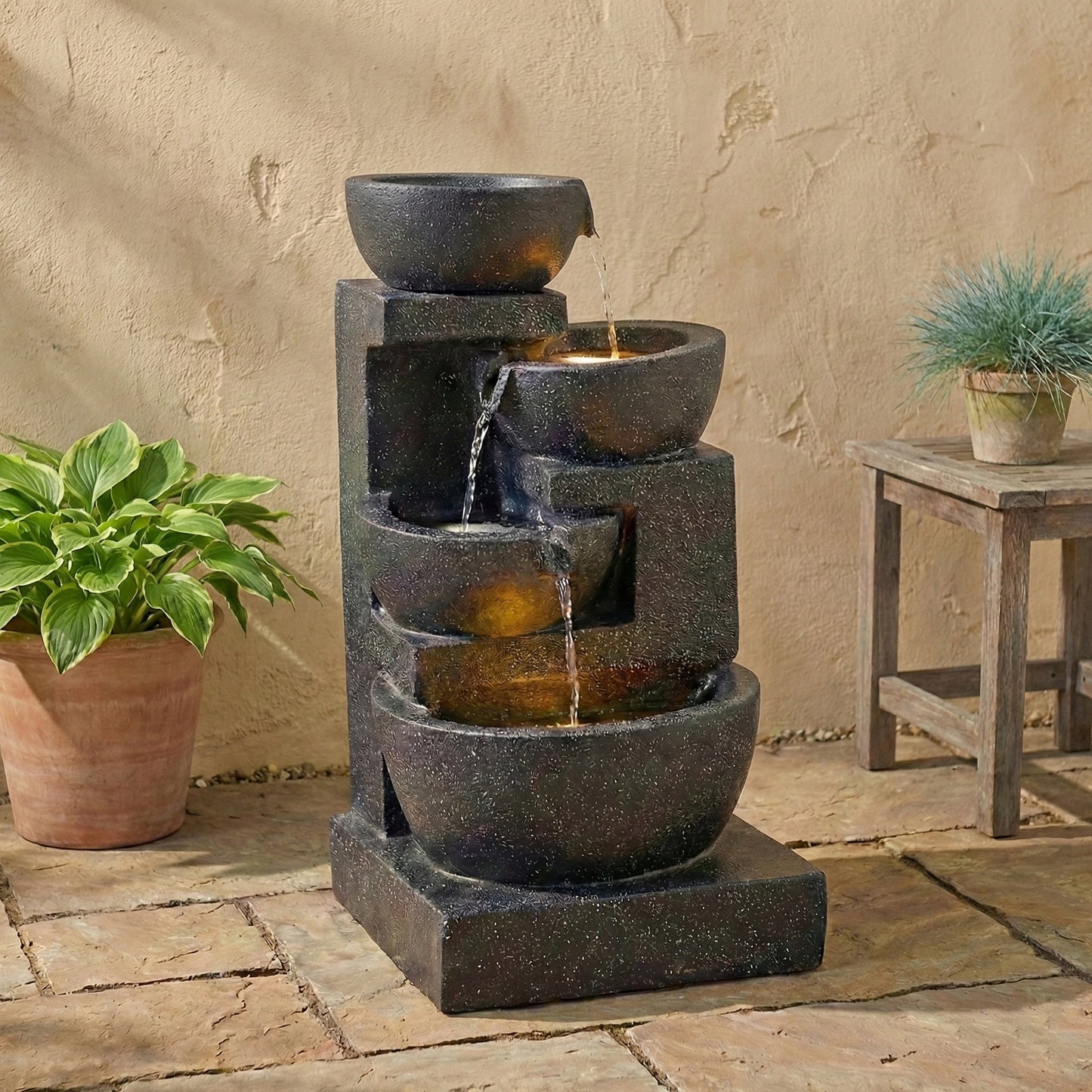 29-Inch Terrazzo Style LED Water Fountain dark speckled tiers, outdoor indoor use HouseOfZazla on Tampa Home & Garden Store