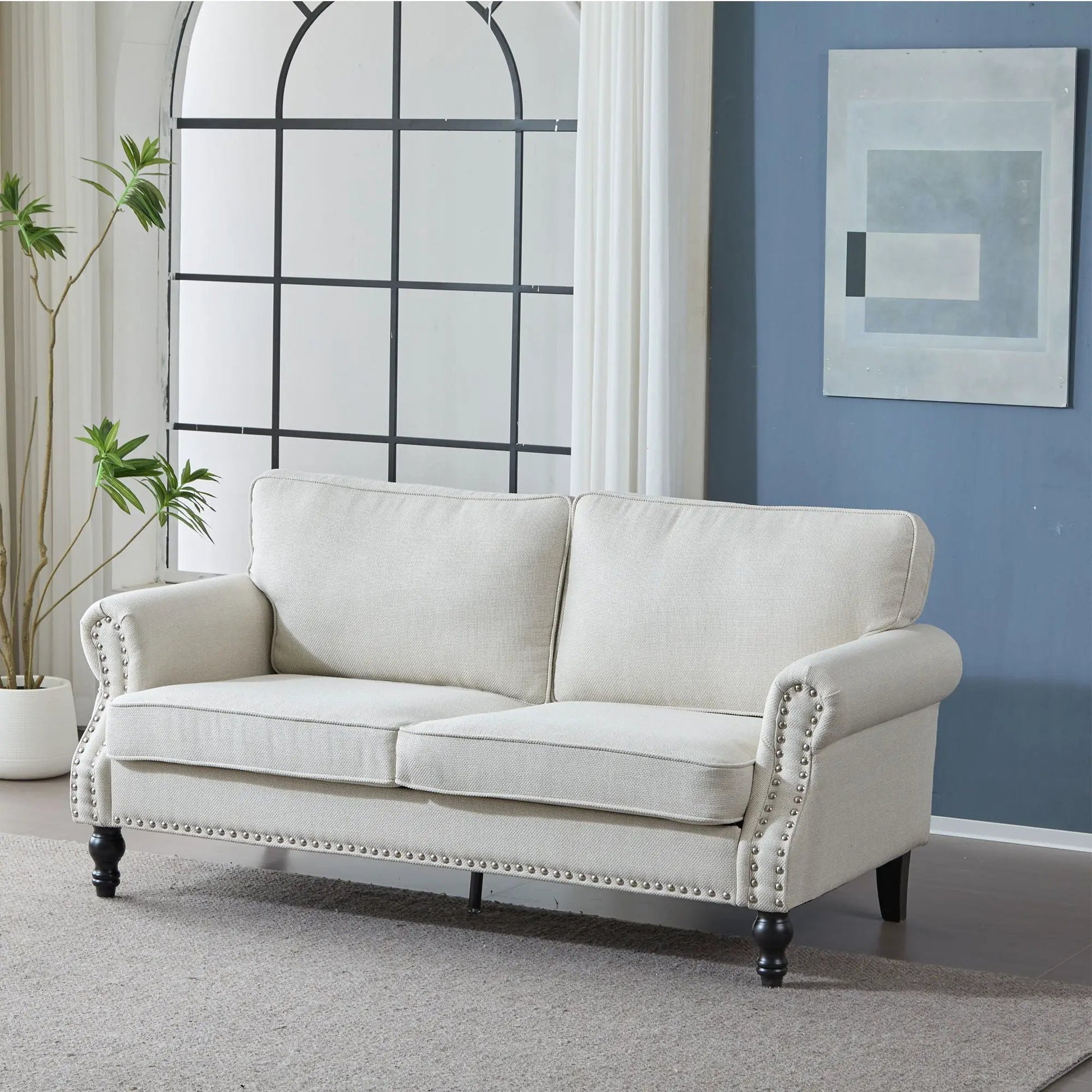 Rolled Arm Sofa With Nailhead Trim With Wooden Legs, gray fabric, Unique Piece Furniture on Tampa Home & Garden Store