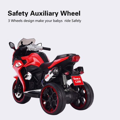 Kids' 12V red electric motorcycle with 3-wheel design and light-up training wheels on Tampa Home & Garden Store