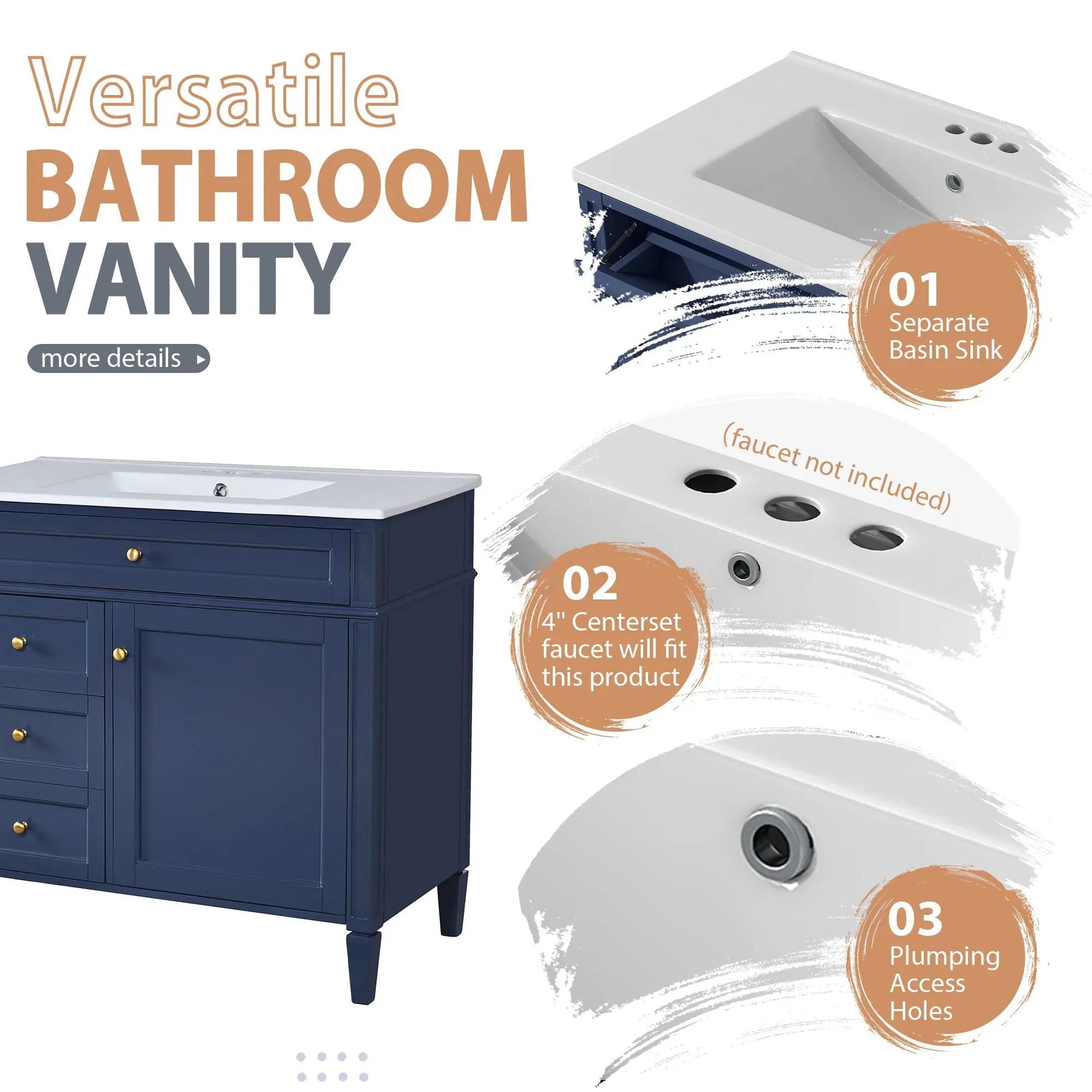 Bathroom vanity with mirror cabinet in navy blue, white top, single sink, 2 soft closing doors on Tampa Home & Garden Store