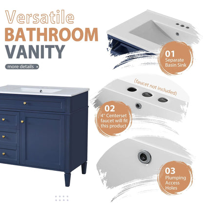 Bathroom vanity with mirror cabinet in navy blue, white top, single sink, 2 soft closing doors on Tampa Home & Garden Store