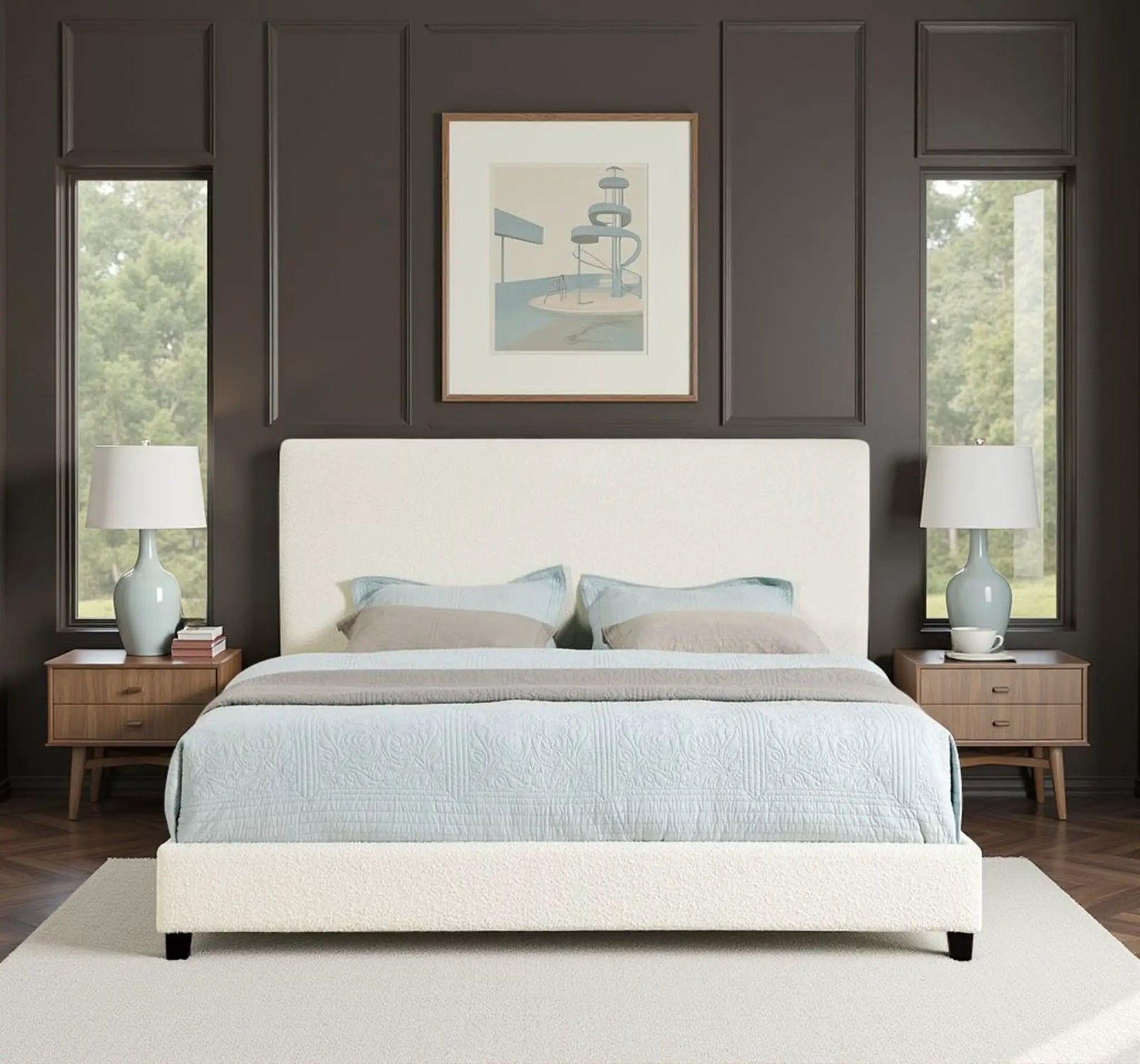 Platform bed with beige upholstered headboard and two wooden nightstands with blue lamps on Tampa Home & Garden Store