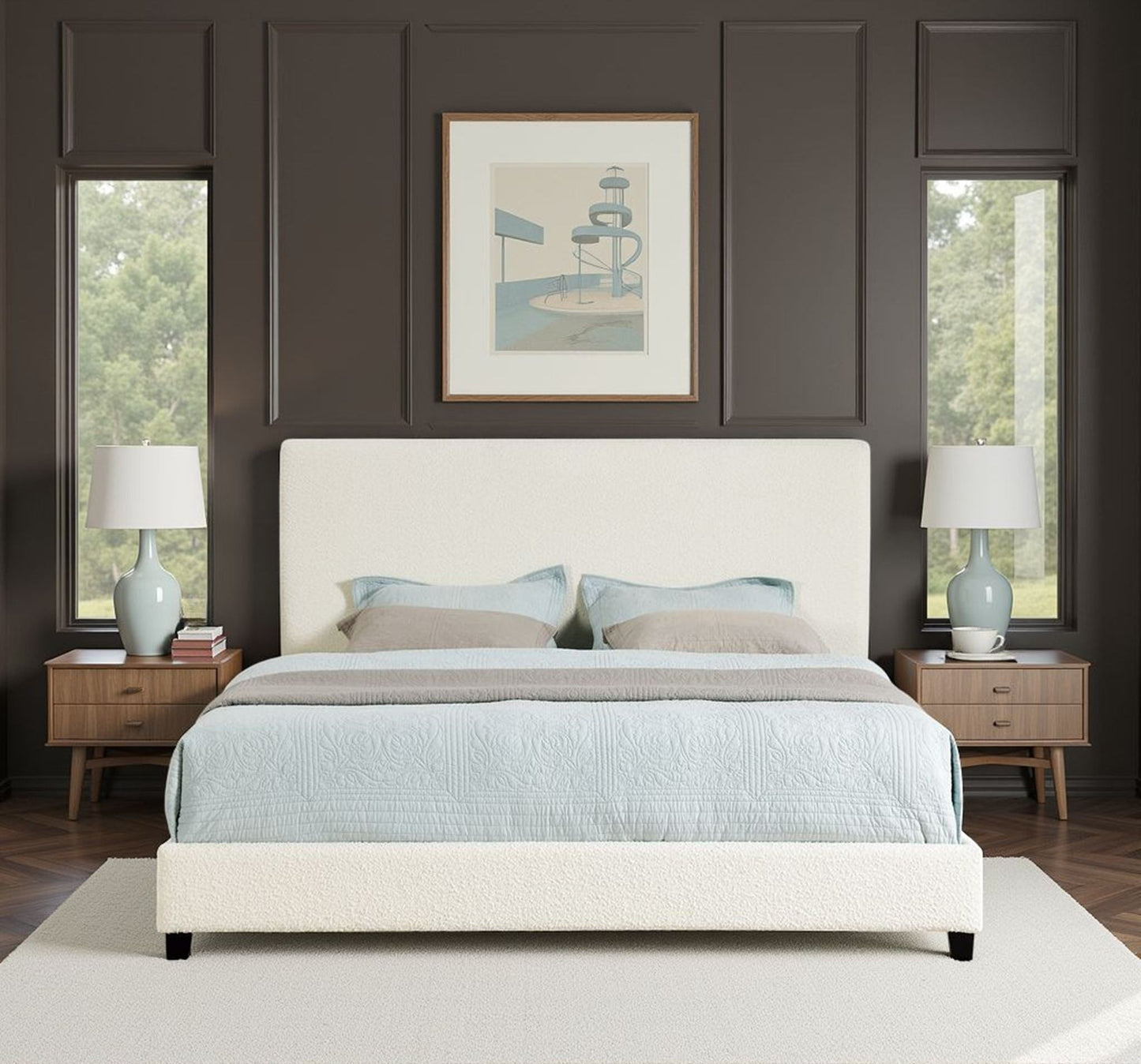 Platform Bed with Upholstered Headboard and Frame