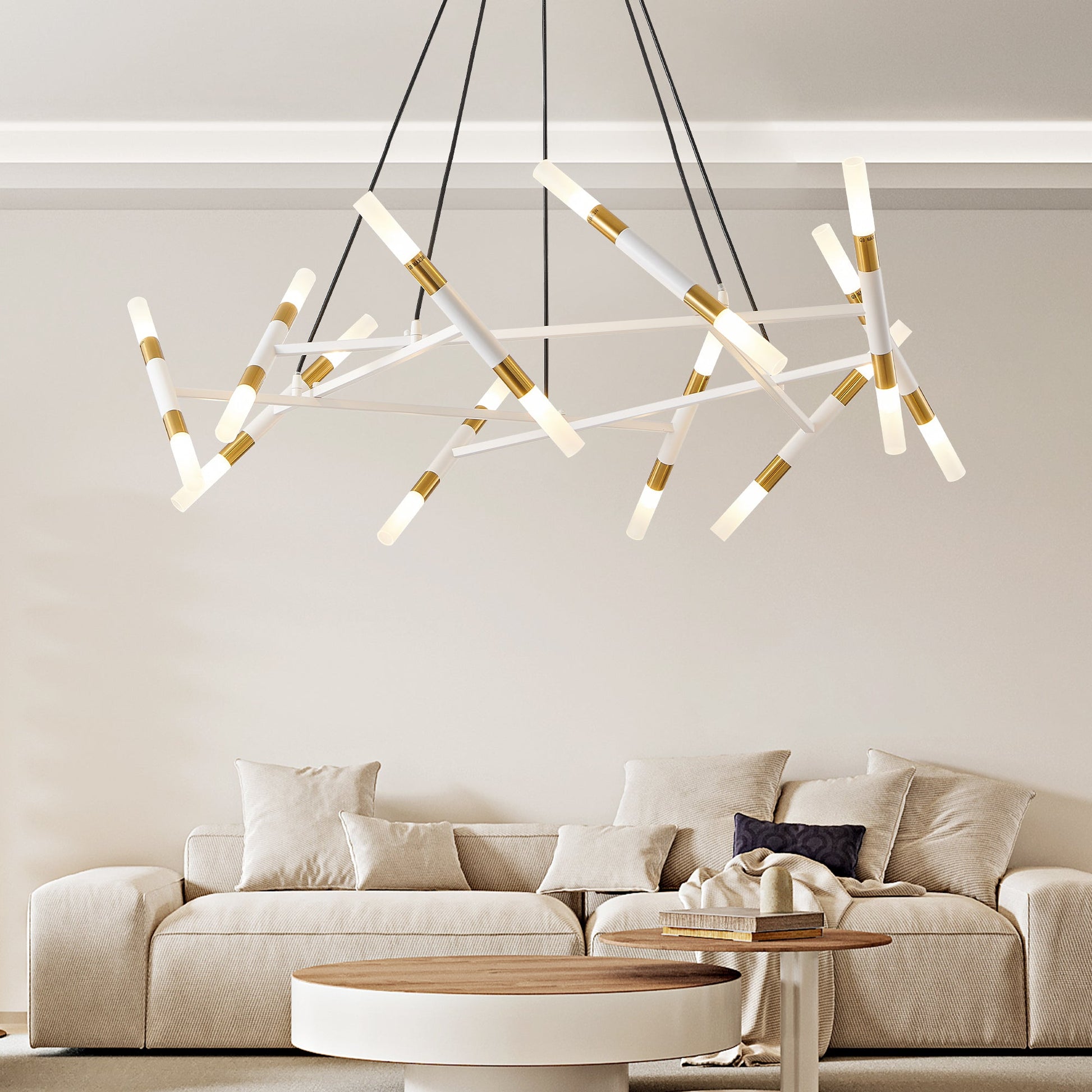 41-inch White & Gold Chandelier by HouseOfZazla with gold joints suspended from black cords on Tampa Home & Garden Store