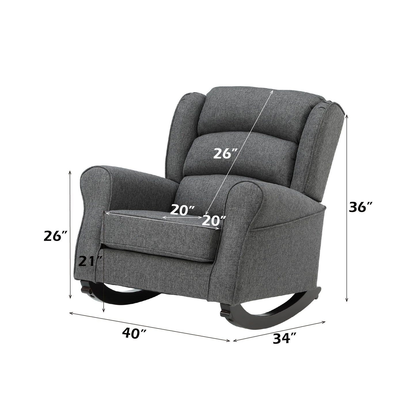 Fabien Rocking Chair in Gray by HouseOfZazla, gray fabric upholstery with curved wood rocker base on Tampa Home & Garden Store