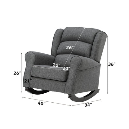 Fabien Rocking Chair in Gray by HouseOfZazla, gray fabric upholstery with curved wood rocker base on Tampa Home & Garden Store