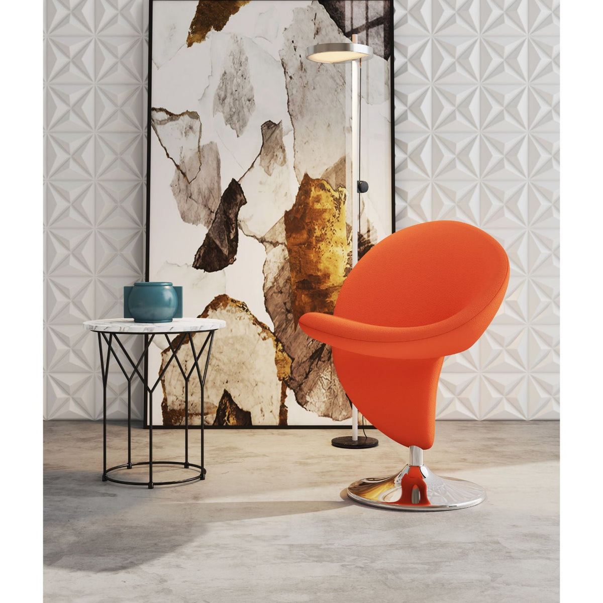 Swivel lounge chair orange wool blend upholstery with chrome pedestal base HouseOfZazla on Tampa Home & Garden Store
