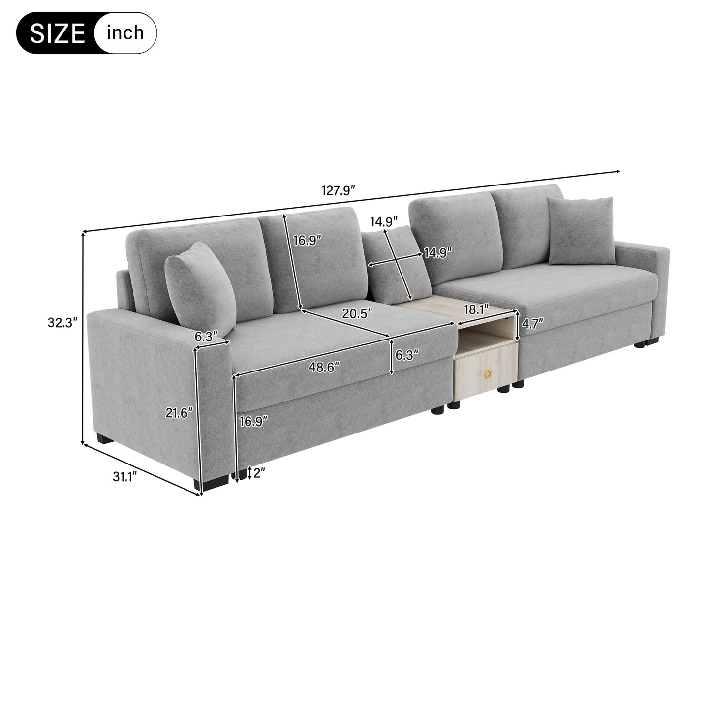 Modular sofa couch by HouseOfZazla with storage armrest and center console, light gray on Tampa Home & Garden Store