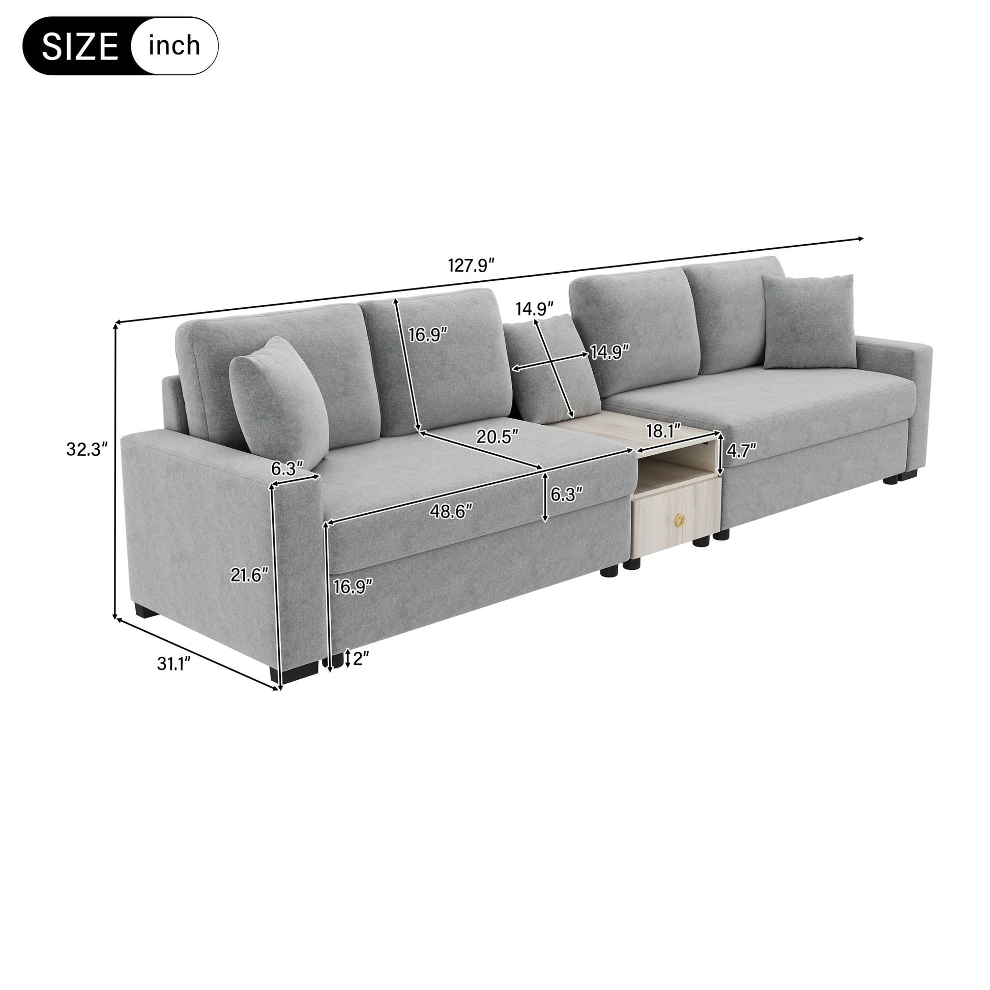 Modular sofa couch by HouseOfZazla with storage armrest and center console, light gray on Tampa Home & Garden Store