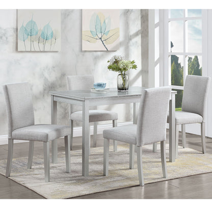 5-Piece Dining Table Set with crystal-edge detailing, gray table and four upholstered chairs on Tampa Home & Garden Store
