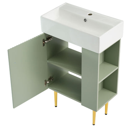 HouseOfZazla bathroom vanity with single ceramic sink in sage green cabinet and side storage on Tampa Home & Garden Store