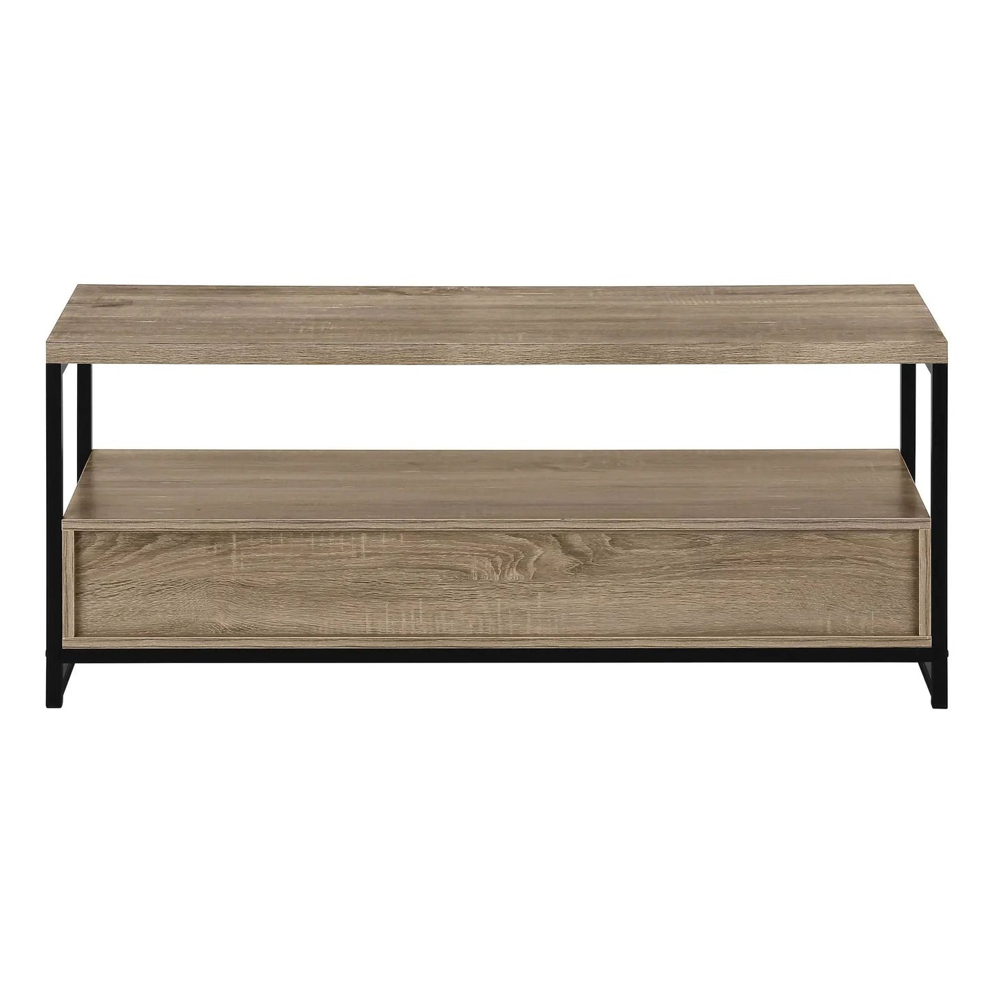 TV stand by Unique Piece Furniture with wood grain finish and black metal frame, storage drawer on Tampa Home & Garden Store