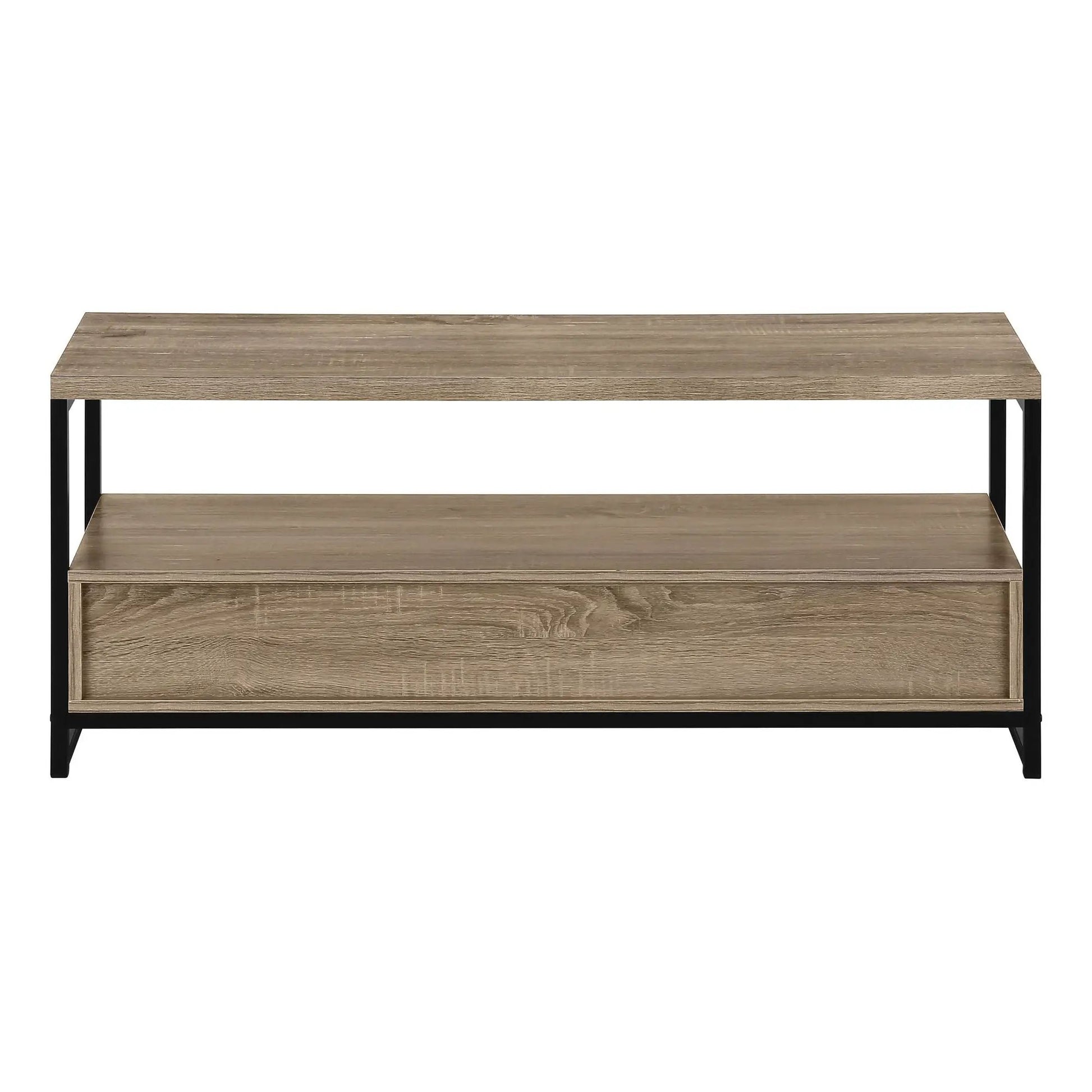 TV stand by Unique Piece Furniture with wood grain finish and black metal frame, storage drawer on Tampa Home & Garden Store