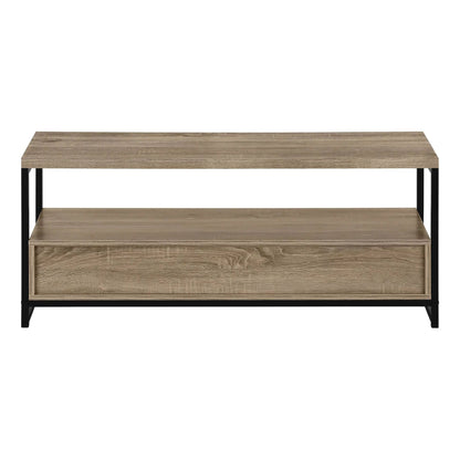TV stand by Unique Piece Furniture with wood grain finish and black metal frame, storage drawer on Tampa Home & Garden Store
