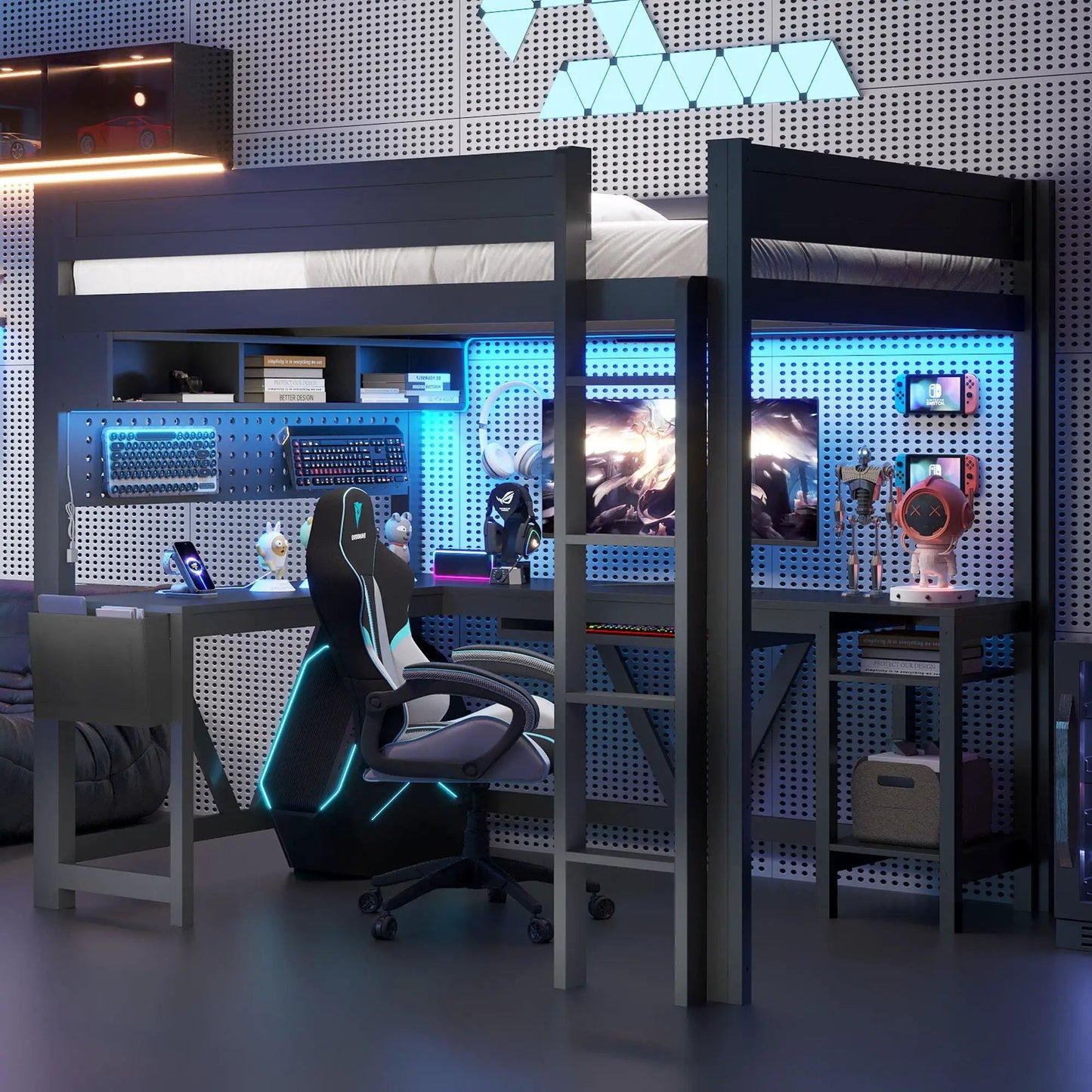 Gaming Loft Bed with Desk and LED Lighting