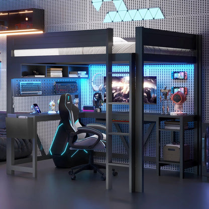 Gaming Loft Bed with Desk and LED Lighting