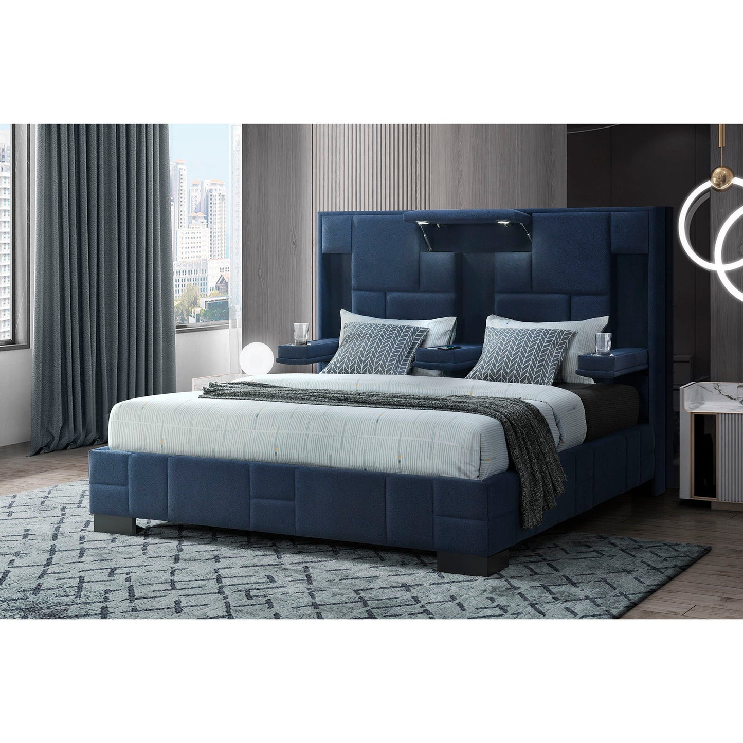 Yaris bed by HouseOfZazla, navy blue upholstered bed with square tufted headboard on Tampa Home & Garden Store