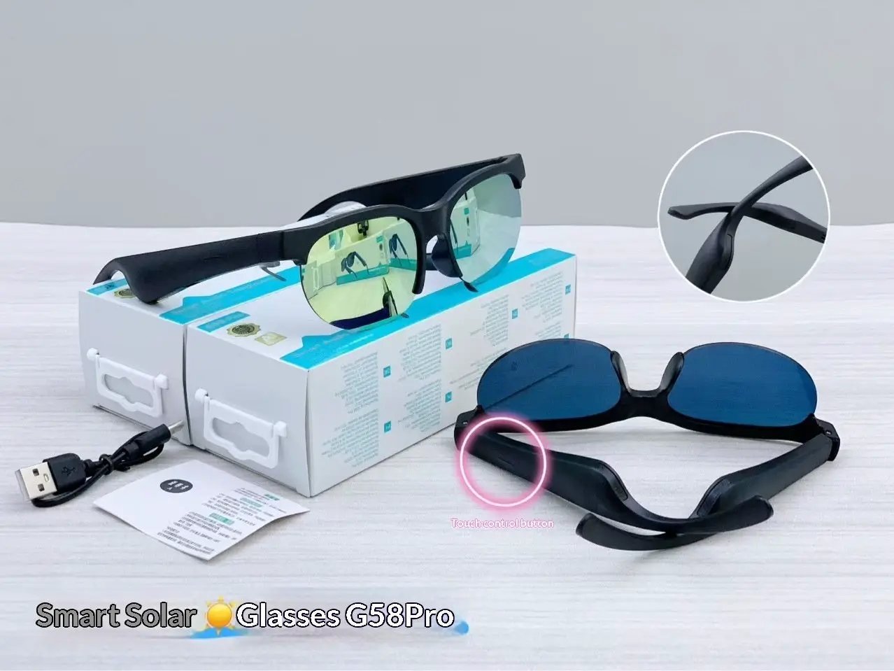 FLIPSTYLEZLLC BT earphone glasses with translation, black frame and blue lenses on Tampa Home & Garden Store